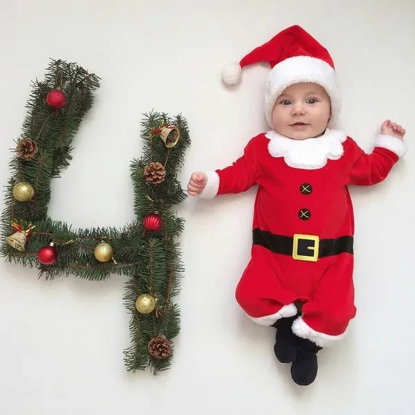 Christmas Santa Claus Costume Clothes Baby Boys Girls Plush Romper Jumpsuit with Hat for 0-24 Months