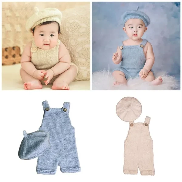 Photoshooting Props for Baby Shower Gift Newborn Costume Beanie Hat Romper Photo Posing Clothes Infant Photo Accessories GFA