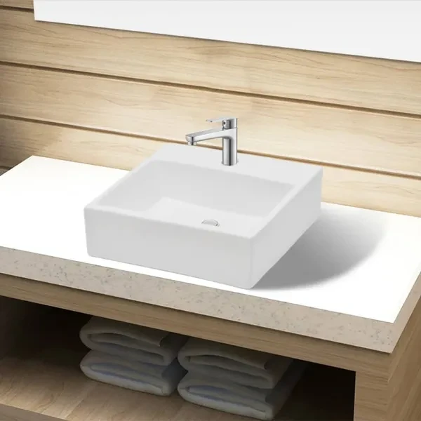 Ceramic Bathroom Sink Basin with Faucet Hole White Square Keramik Waschbecken Wastafel in de badkamer Lavabo