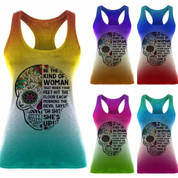 2020 New Fashion Cool Skeleton Print Sleeveless Tops for Women Gradient Color Rainbow Letter Printed Graphic Tee Shirts Summer Slim Tank Top Casual Cotton Sport Yoga Tops Plus Size 5XL