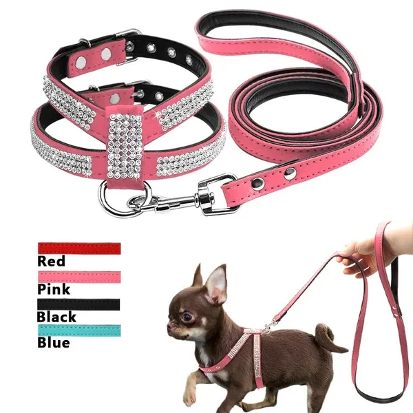 Pet Dog Vest Harness Leash Set Suede Leather Rhinestone Harnesses For Small Medium Dogs Chihuahua Pet Ornament Accessories