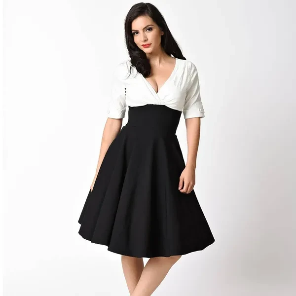 Sexy Womens Fashion V Neck Half Sleeve Front Ruched Black White Casual Knee Length Skater Swing Plus Size 3XL Dress