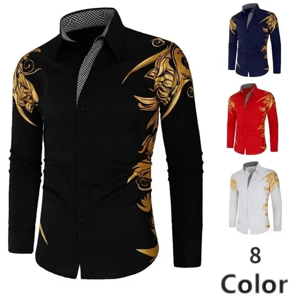 Autumn and Winter New Men's Shirts Fashion Hot Stamping Print Plus Size Men's Shirts Long Sleeve Shirts 8 Colors