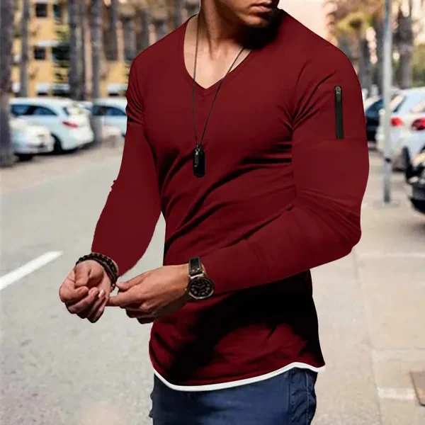 Mens Spring And Autumn Fashion Casual Solid Color Zipper Pocket T Shirt Long Sleeve Shirt Top Blouse Streetwear Tee Top Slim Fit