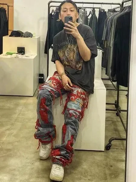 High Street Hip Hop Destroy Brushed Embroidered Relaxed Baggy Jeans Men Women Fashion Casual Straight Leg Denim Pants Streetwear