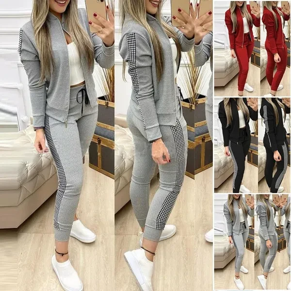 New Arriving Autumn and Winter Fashion Women Tracksuit Set Long Sleeve Zipper Casual Tops and Pants Grid Sport Suits Sportswear Set