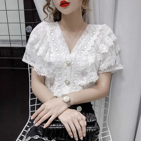 Women Lace Floral Blouse Shirt Top Short Sleeve Ruffle V-neck Sheer Hollow Out