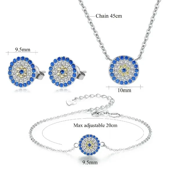 Bridal Jewelry Sets 925 Sterling Silver Necklace Women Earrings Bracelet Blue Zircon Round Evil Eye Turkish Jewelry Set