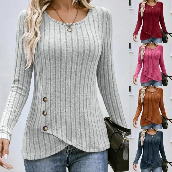Women's Fashion Casual Screw Thread Blouses Ladies Round Neck Long-sleeved T-shirts Bottoming Shirts Solid Color