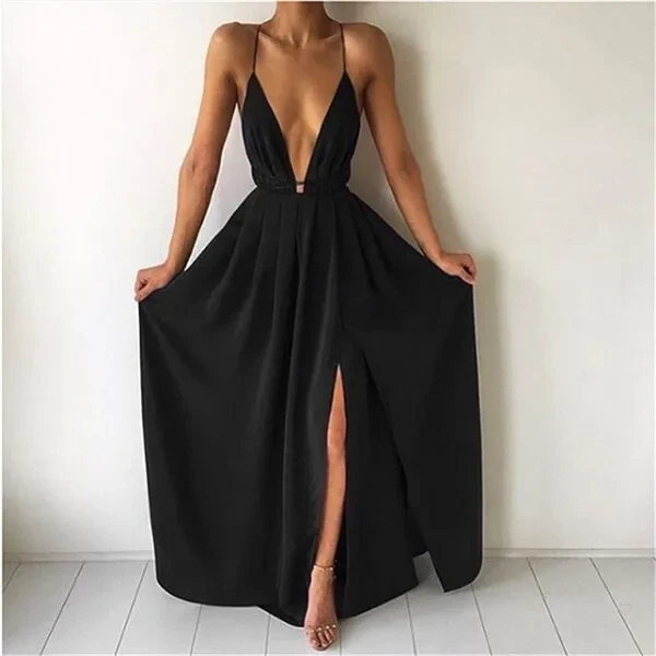 Fashion Split Maxi Dress Solid Deep V Neck Evening Party Elegant Clubwear Spaghetti Strap Dresses