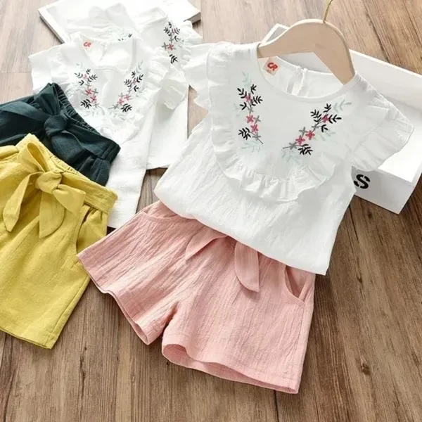 2Pcs Children Clothing Set Little Kids Girls Sleeveless Embroidery Shirt + Bowkont Shorts Baby Girl Outfits