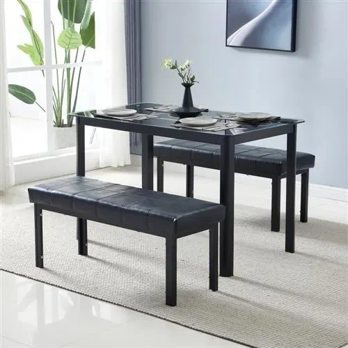 3 Pieces Dining Table Set Rectangle Tempered Glass Dining Table with 2PC Simple Line Decoration Leather Bench