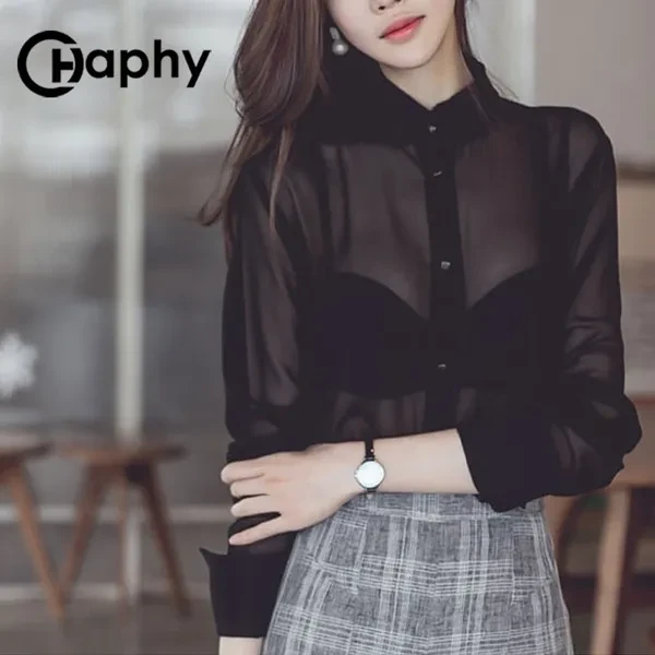 See Through Chiffon Blouse 2018 Turn Down Collar Transparent Blouse Perspective Chiffon Blouse Long Sleeve Transparent Shirt