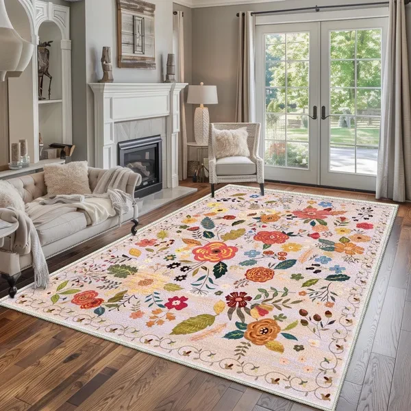 Regional Carpet Living Room Carpet Soft Machine Washable Bohemian Farmhouse Neutral Anti Staining Indoor Carpet Bedroom Dining Table Home Office Decoration