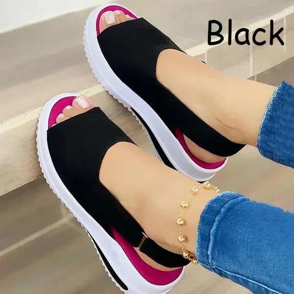 New Summer Women Buckles Flat Heel Sandals Fashion Breathable Peep Toe Elastic Band Casual Shoes Outdoor Beach Slip On Flat Slippers