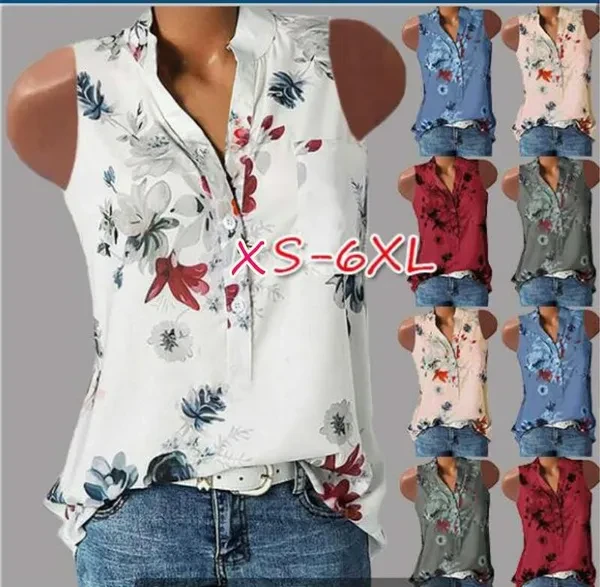Womens Fashion Summer Sexy V-neck Sleeveless Blouse Loose Floral Printed Casual Tank Tops Blouse Shirt Plus Size XS-6XL