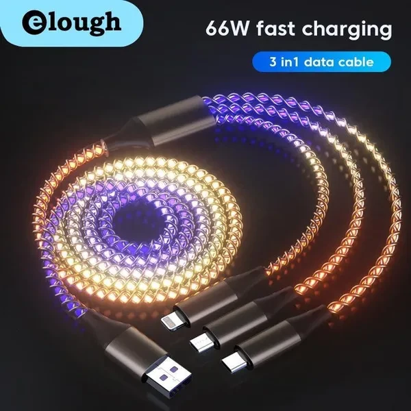 Elough 3in 1 USB LED Streaming Cable For IPhone Fast Charger Charging Cable Micro USB Phone Type C For Samsung Xiaomi Huawei Mobile Phone Charge Cord