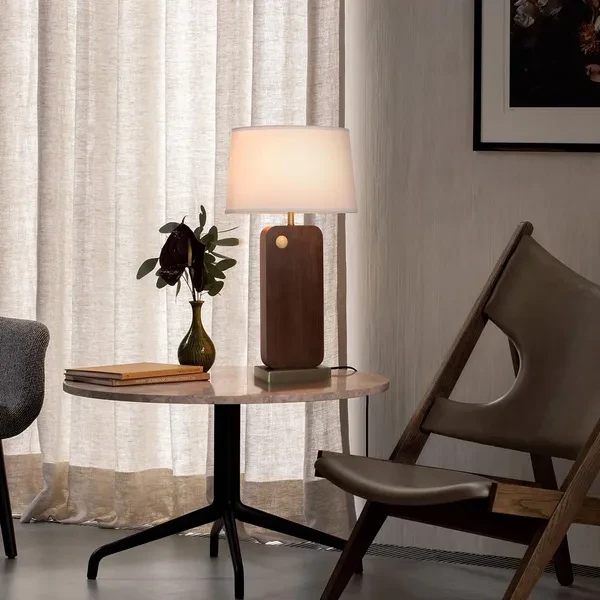 Laurel Table Lamp - Dark Walnut Wood Finish, Weathered Brass, White Linen Shade