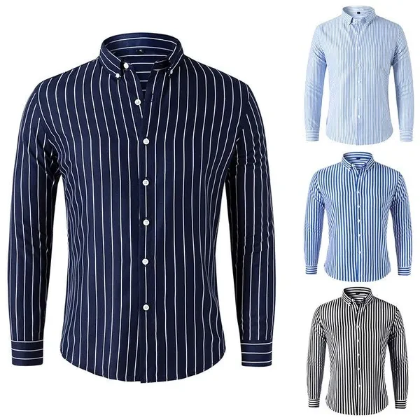 Mens Dress Shirts Long Sleeves Formal Business Buttons Strips Casual Shirts Tops