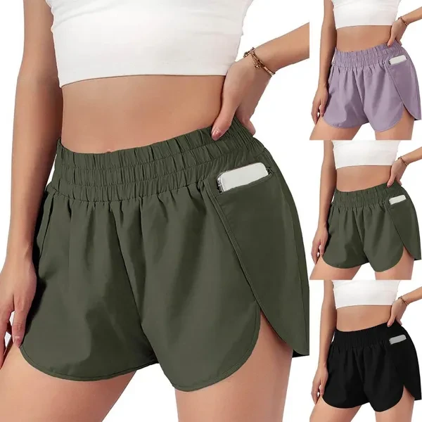 Women's Athletic Shorts Female Running Shorts Pocket Sporty Short Gym Elastic Workout Shorts