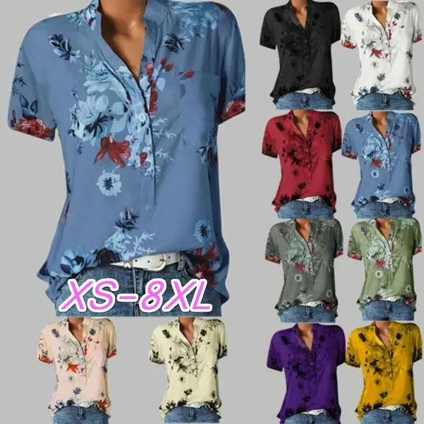 XS-8XL Women Summer Plus Size Fashion Floral Print Short Sleeve Tops Casual Ladies Fashion V-neck Shirt Women Blouse