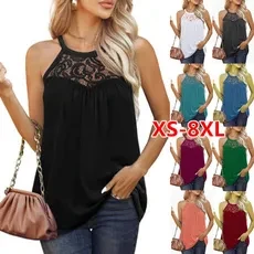 XS-8XL Womens Fashion Summer O-Neck Lace Sleeveless Tops Shirts Ladies Off Shoulder Pleated Spaghetti Strap Tops Loose Solid Color Summer Plus Size Halter Tank Tops T Shirts Blouse