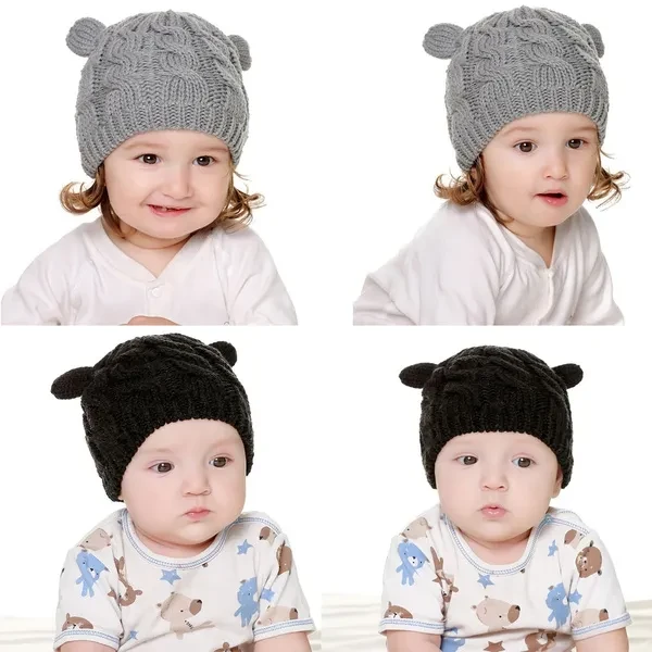 Baby Hat and Mittens Set Kids Knitted Beanie Cap Winter Warm Pompom Hats Gloves AOA