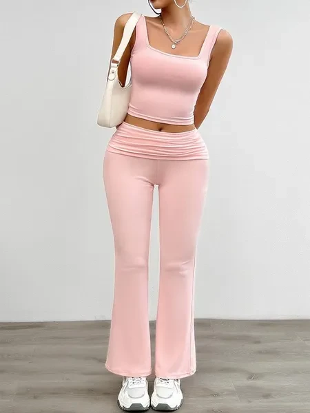 2 Piece Knit Tracksuit Outfits For Women Solid Color Casual Vest And Slim Long Pants Matching Lounge Sets