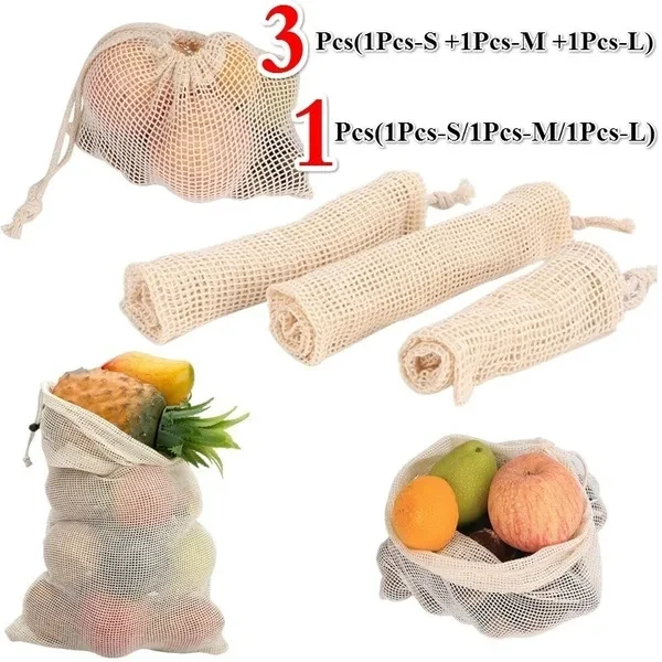 1Pcs/3Pcs(3Size) Reusable Product Bag Washable Environmentally Friendly Natural Cotton Mesh Bag