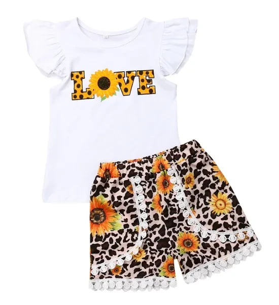 2PCS Toddler Kids Baby Girl Sunflower Shirt+Shorts Pants Clothes Outfit