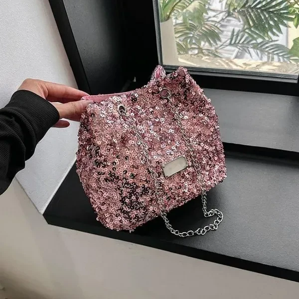 Popular Niche Design Sequined Bag Women's Bag Personalized Chain Messenger Bag Shoulder Bucket Bag