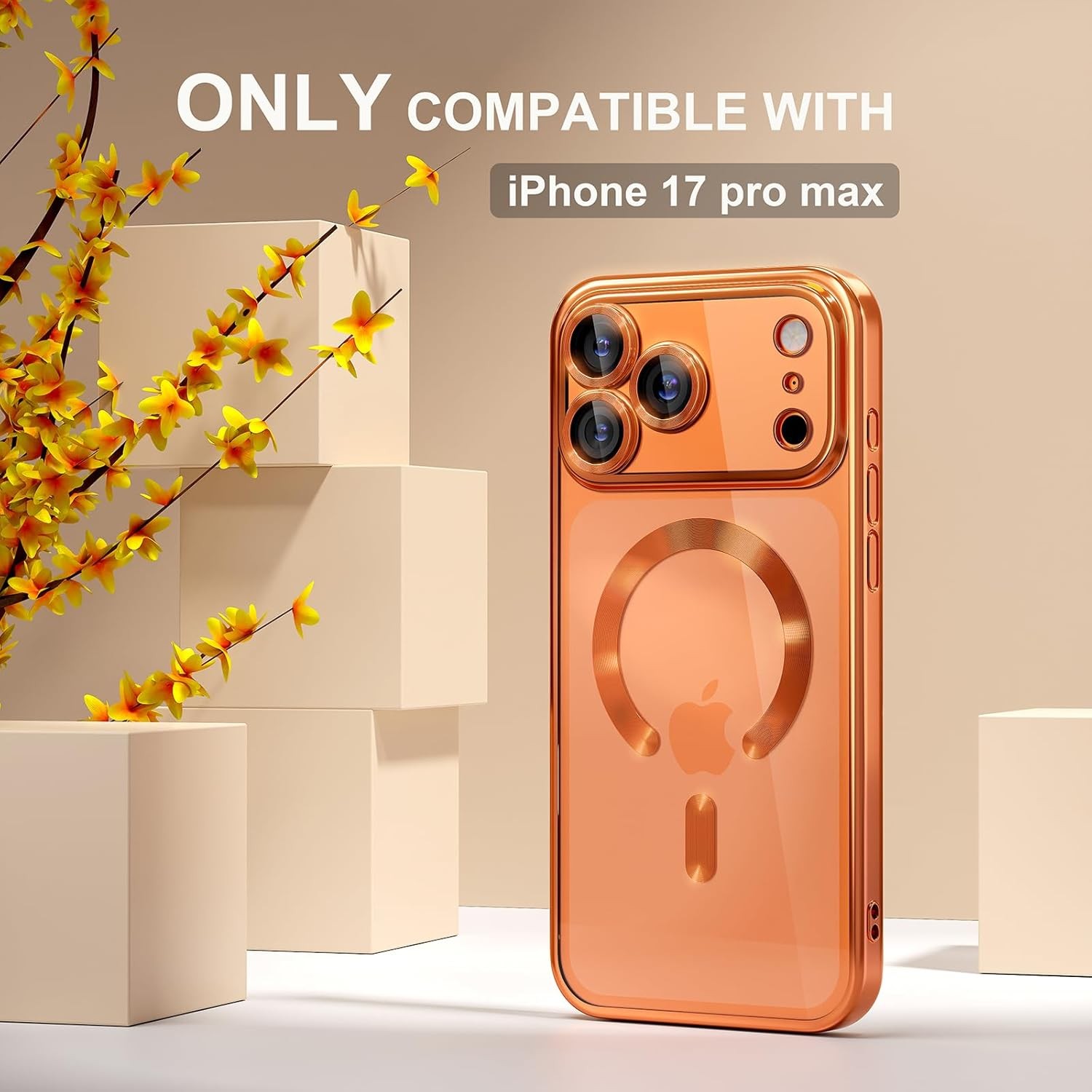 Misea Magnetic for iPhone 17 Pro Max Case Compatible with MagSafe [Never Yellowing] [Military Grade Drop Protection] Full Camera Lens Protector Plating Soft Clear Phone Case for Women, Orange